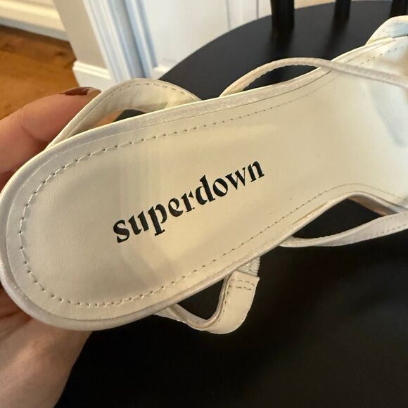 Revolve x Maggie Macdonald Superdown Minnie white satin rosette sandal heels 9 - Picture 9 of 11